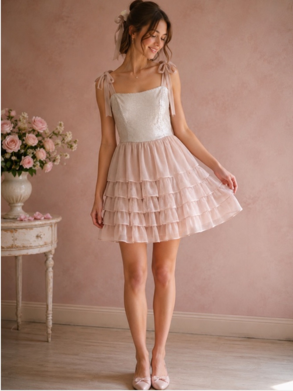 Jacob Blush Sequin Chiffon Tiered Party Dress 8 Tie Shoulder Cocktail Mini Y2k